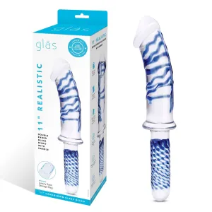 11 Inch Realistic Double Ended Glass Dildo With  Handle - Blue/clear