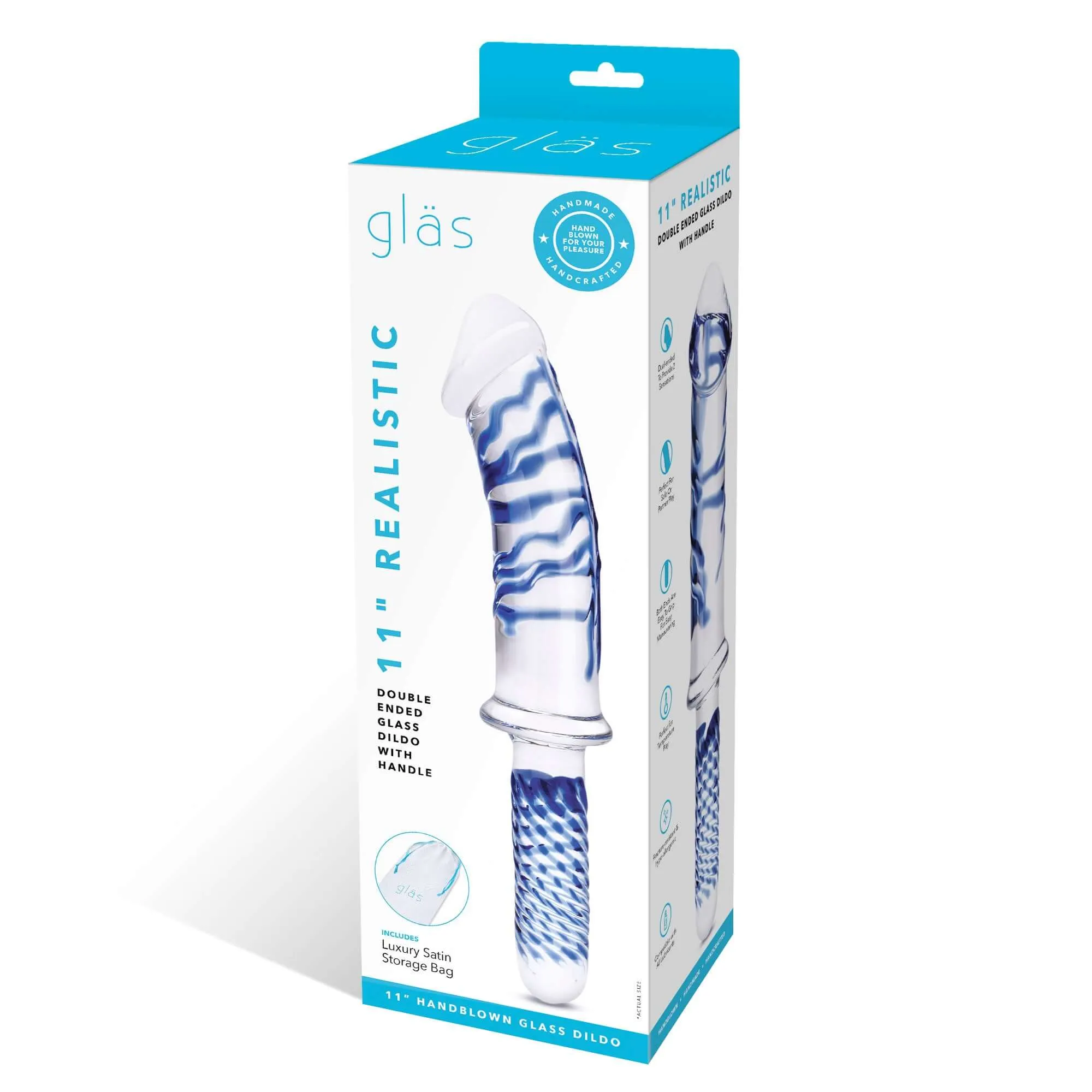 11 Inch Realistic Double Ended Glass Dildo With  Handle - Blue/clear