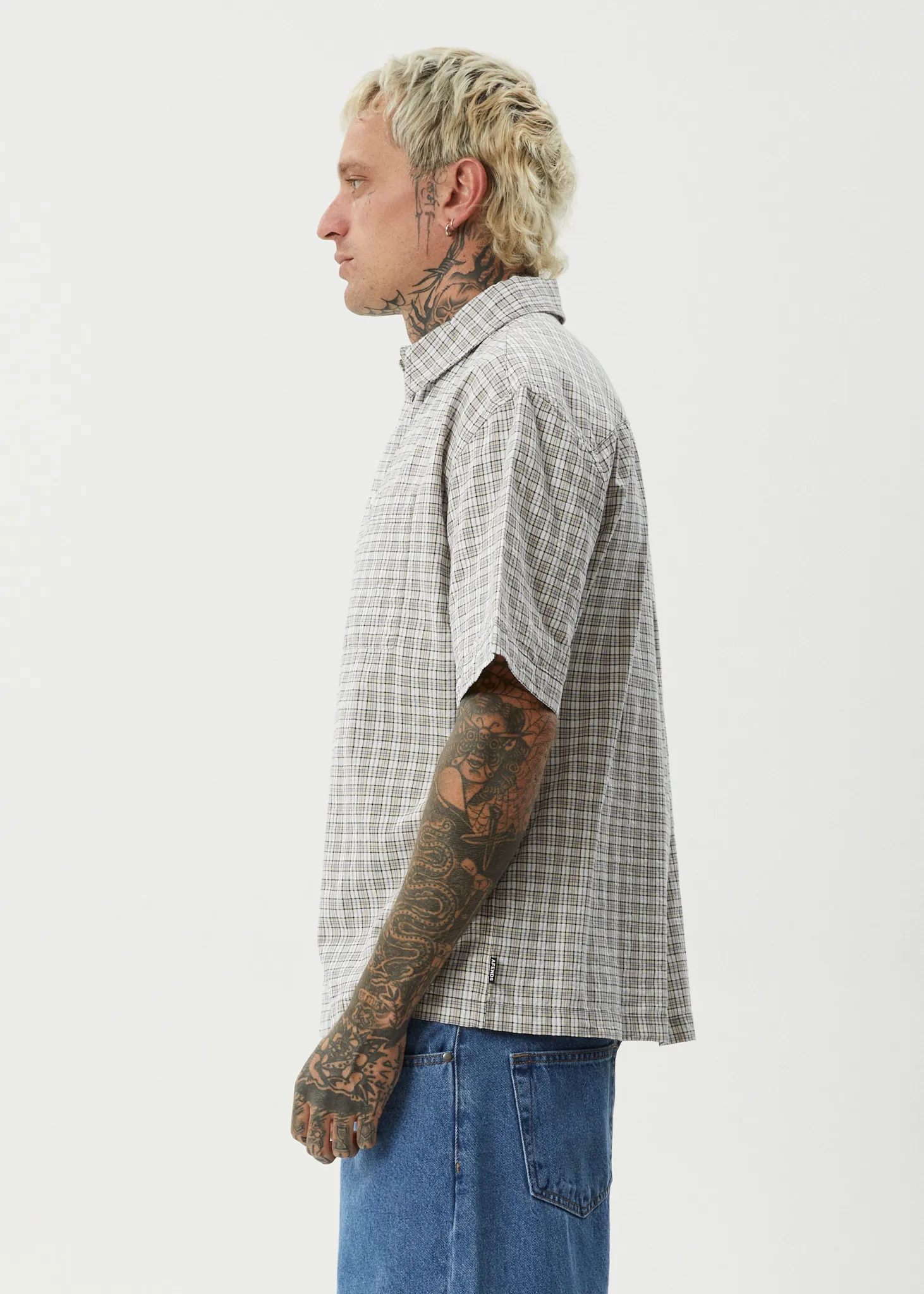 AFENDS DREW SEERSUCKER SHORT SLEEVE SHIRT - TAUPE CHECK