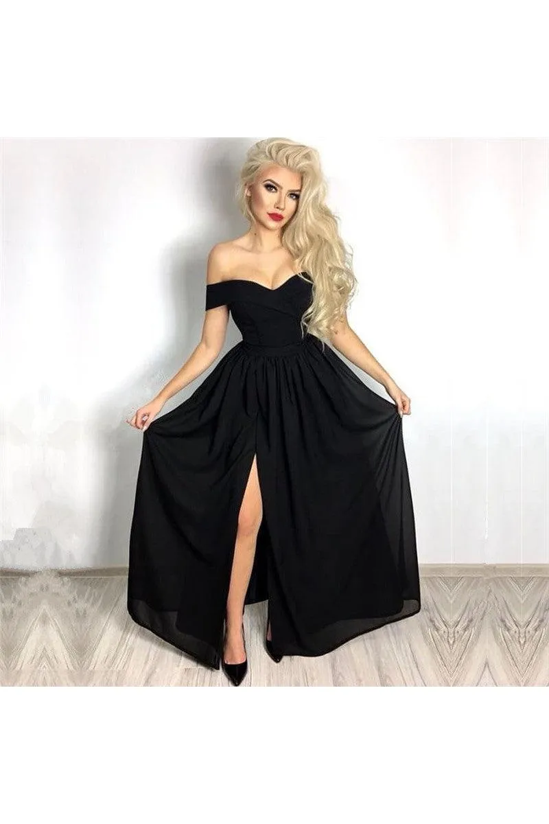 Affordable Chic Black Formal Dresses Off-the-Shoulder Front Slit Evening Dresses