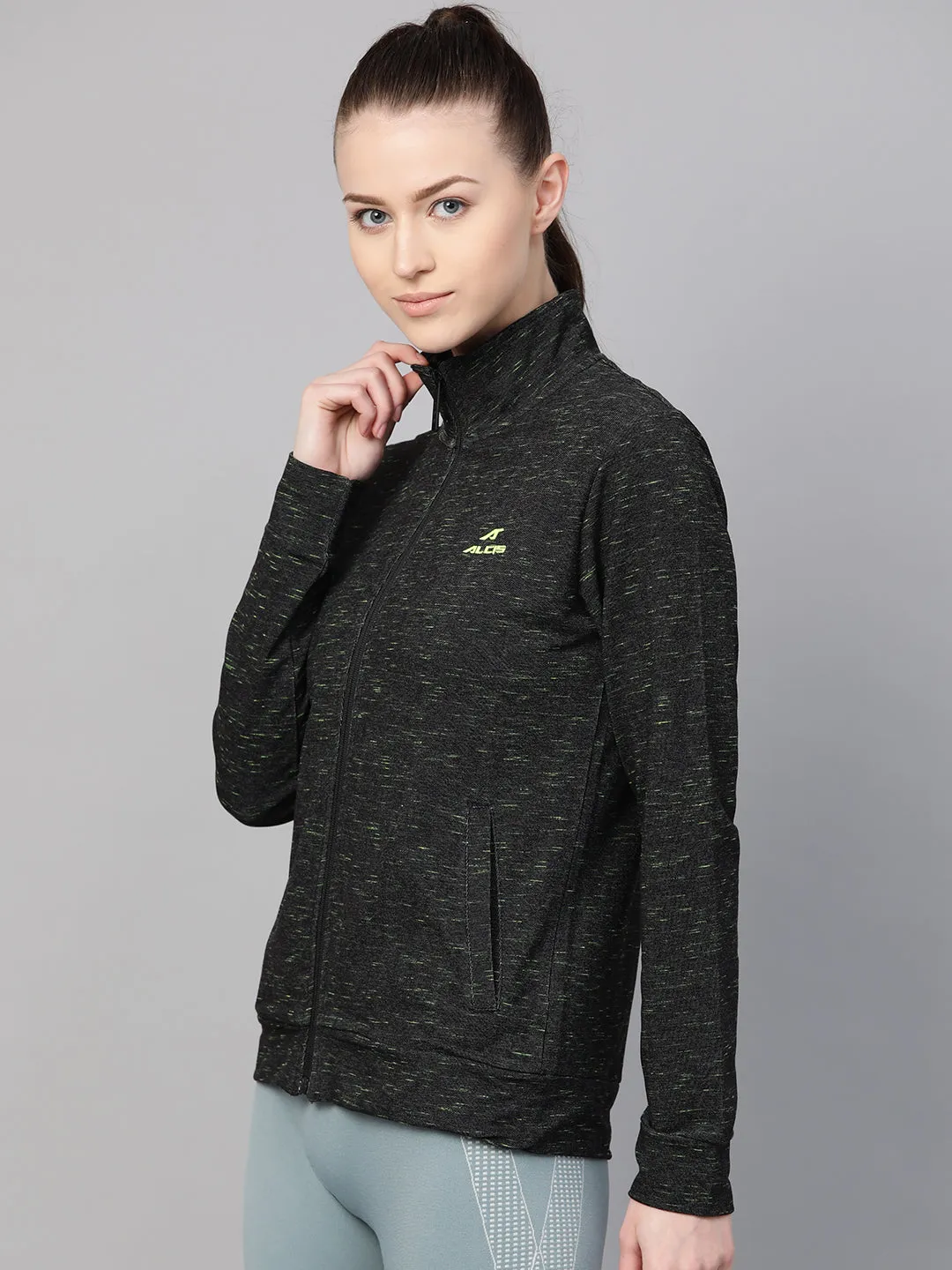 Alcis Women Black Green Self-Design Sweatshirt