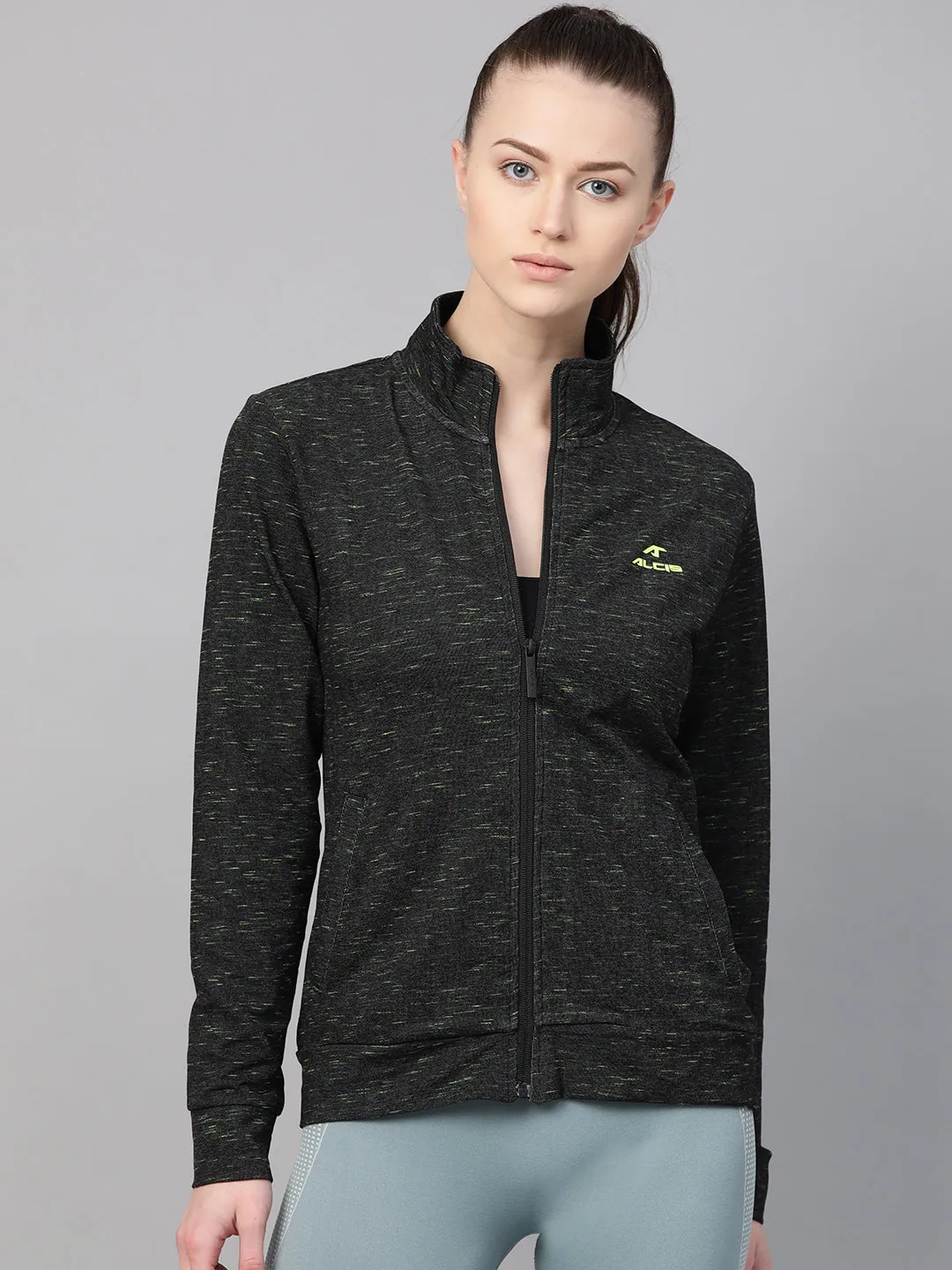 Alcis Women Black Green Self-Design Sweatshirt