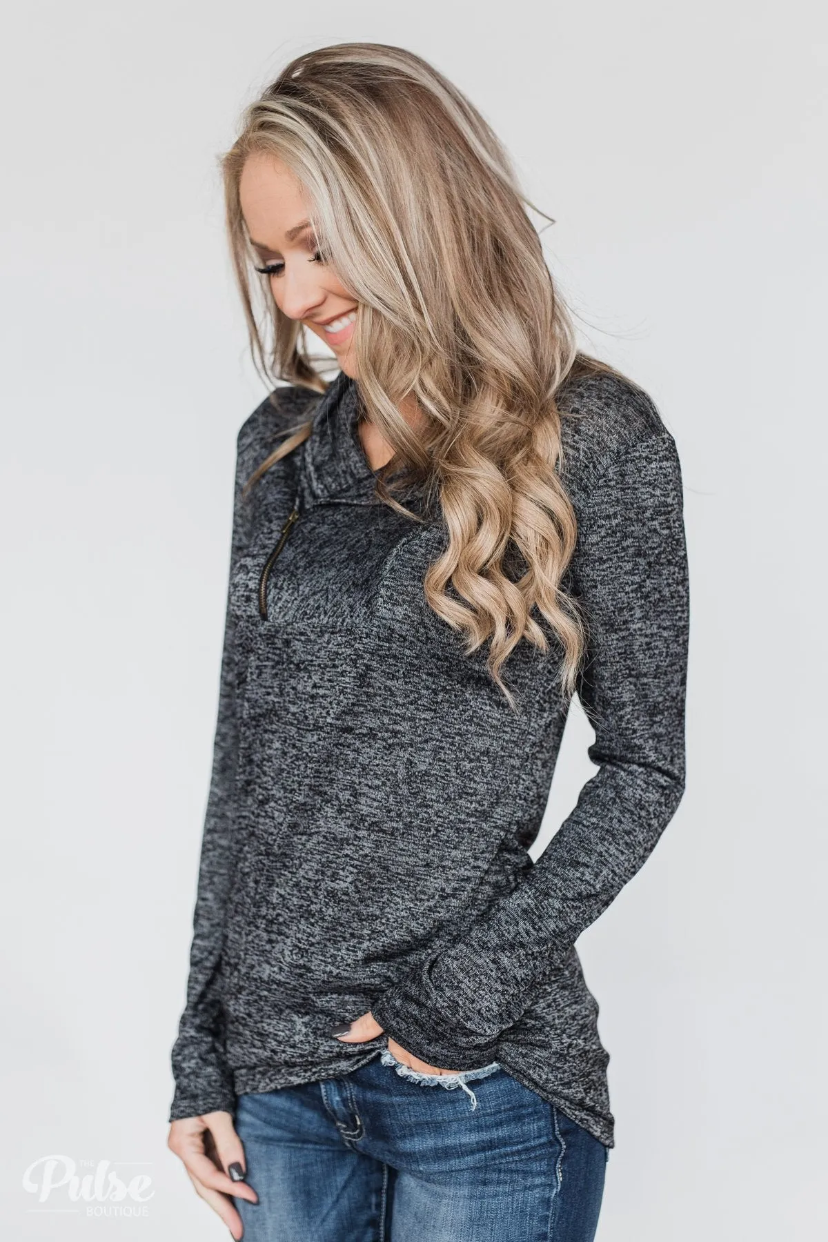 All This Time Zipper Pullover Top- Heather Black