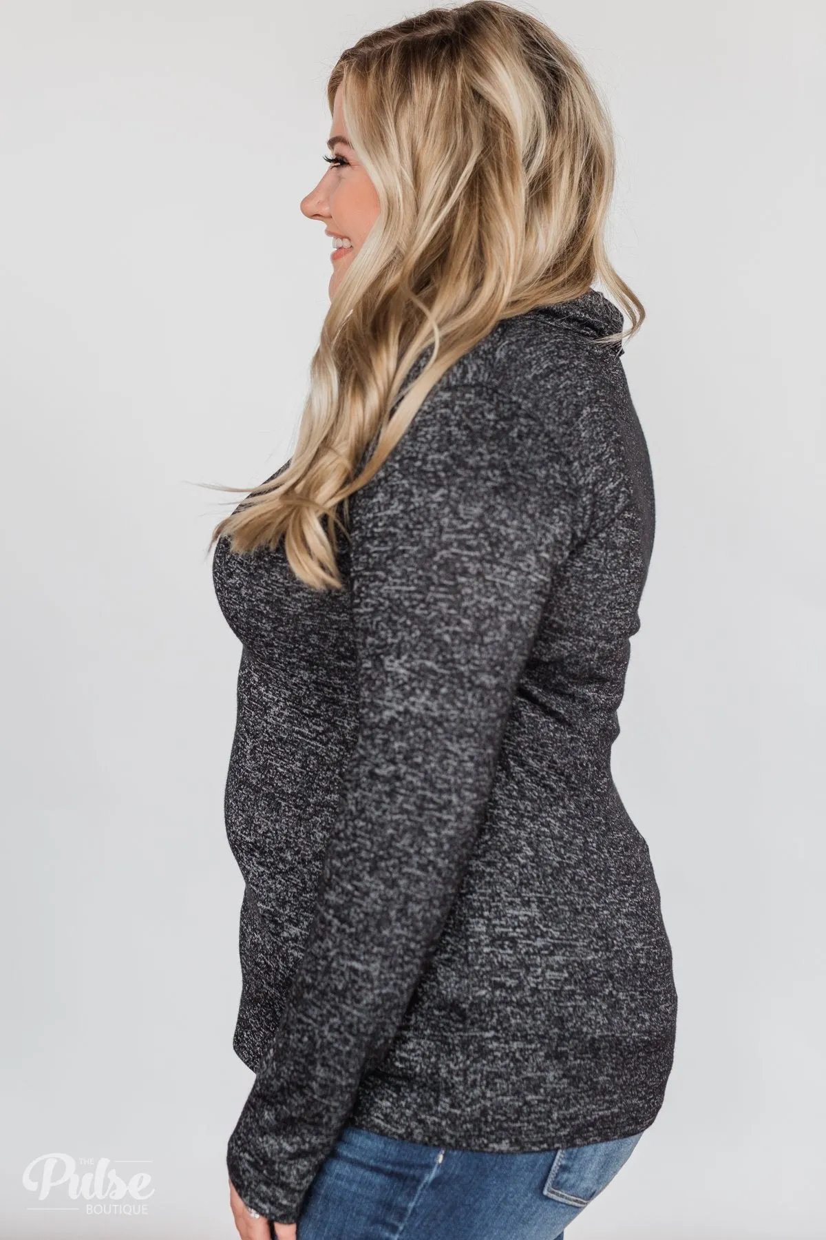 All This Time Zipper Pullover Top- Heather Black
