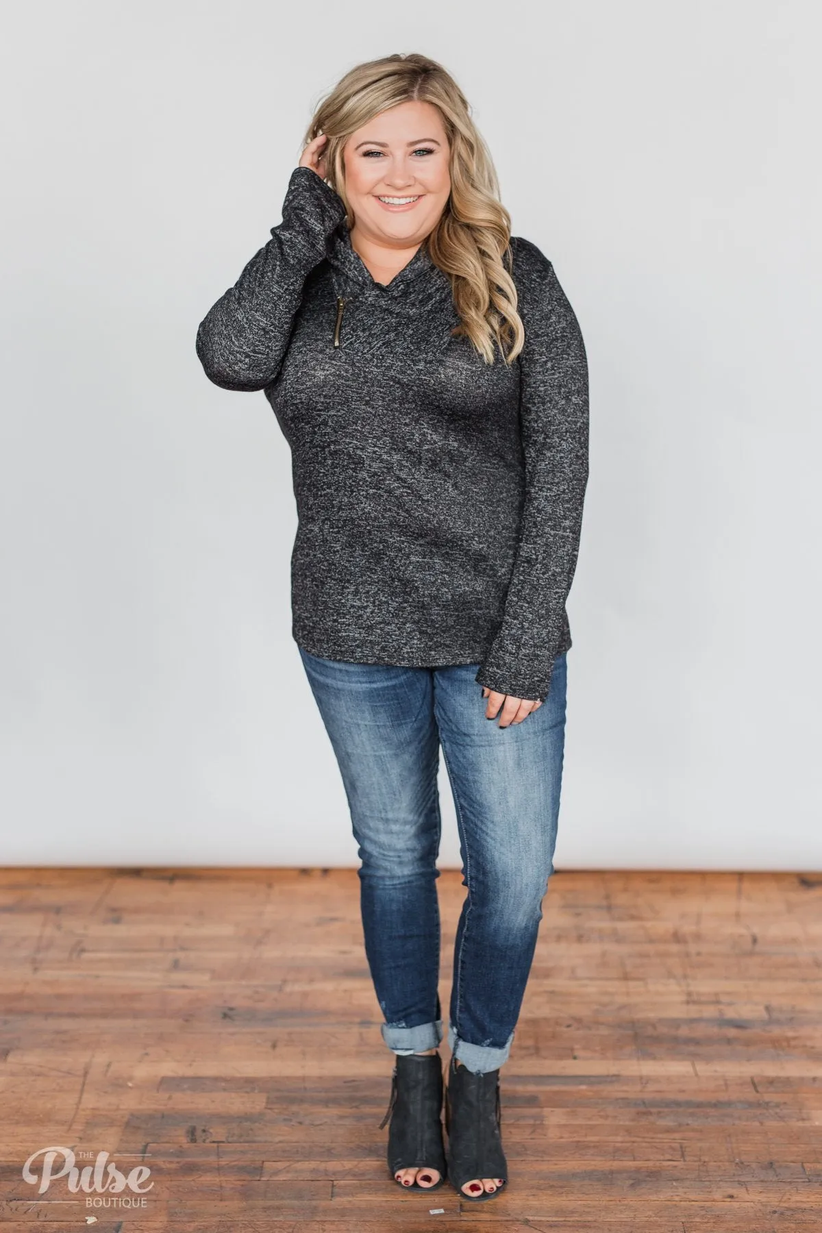 All This Time Zipper Pullover Top- Heather Black
