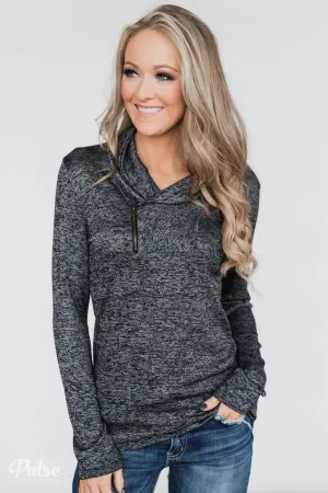 All This Time Zipper Pullover Top- Heather Black