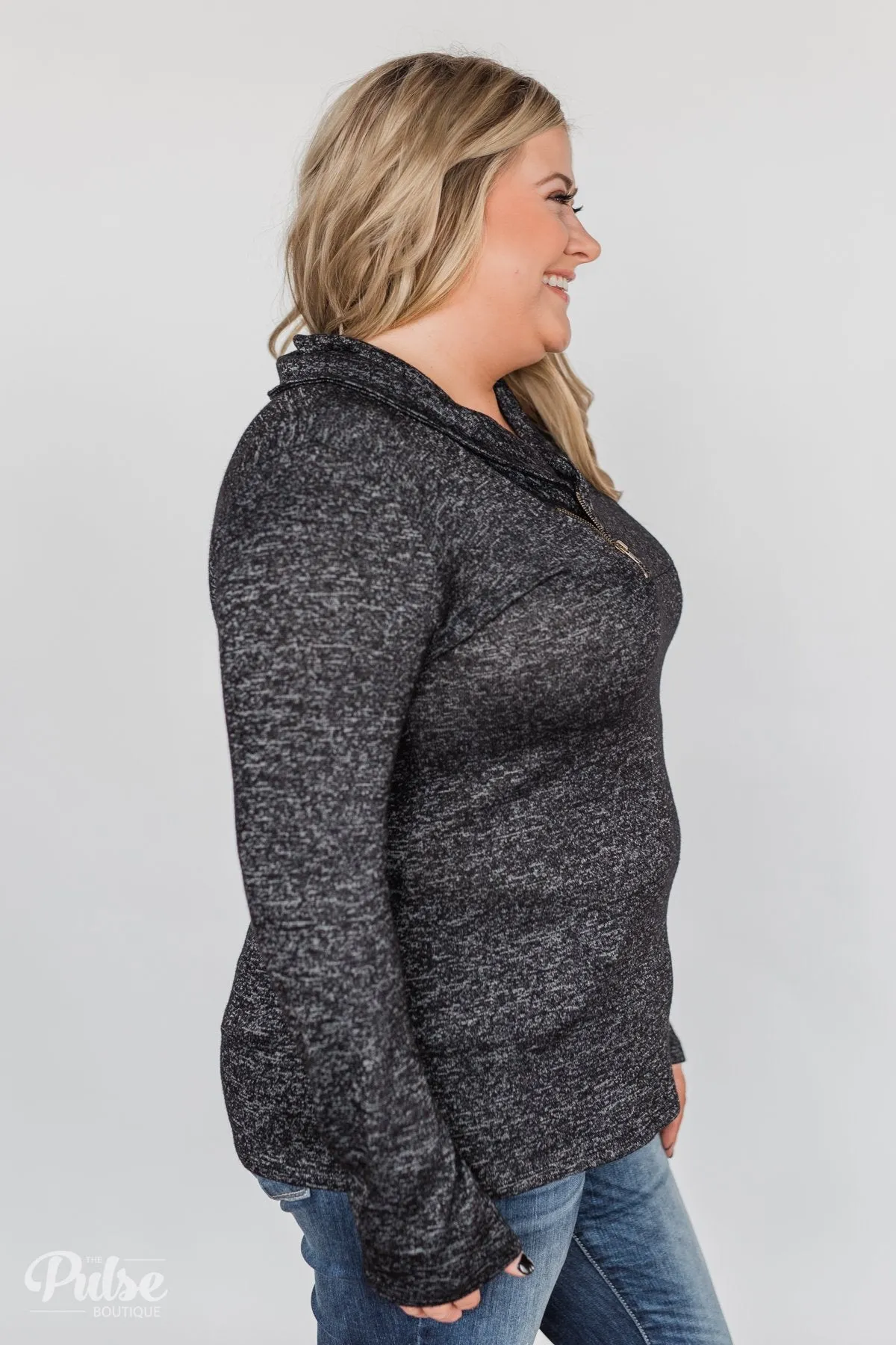 All This Time Zipper Pullover Top- Heather Black