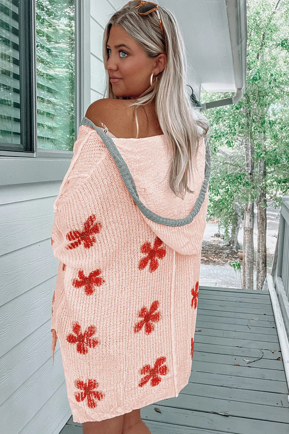 Apricot White Floral Print Lightweight Knit Hooded Sweater