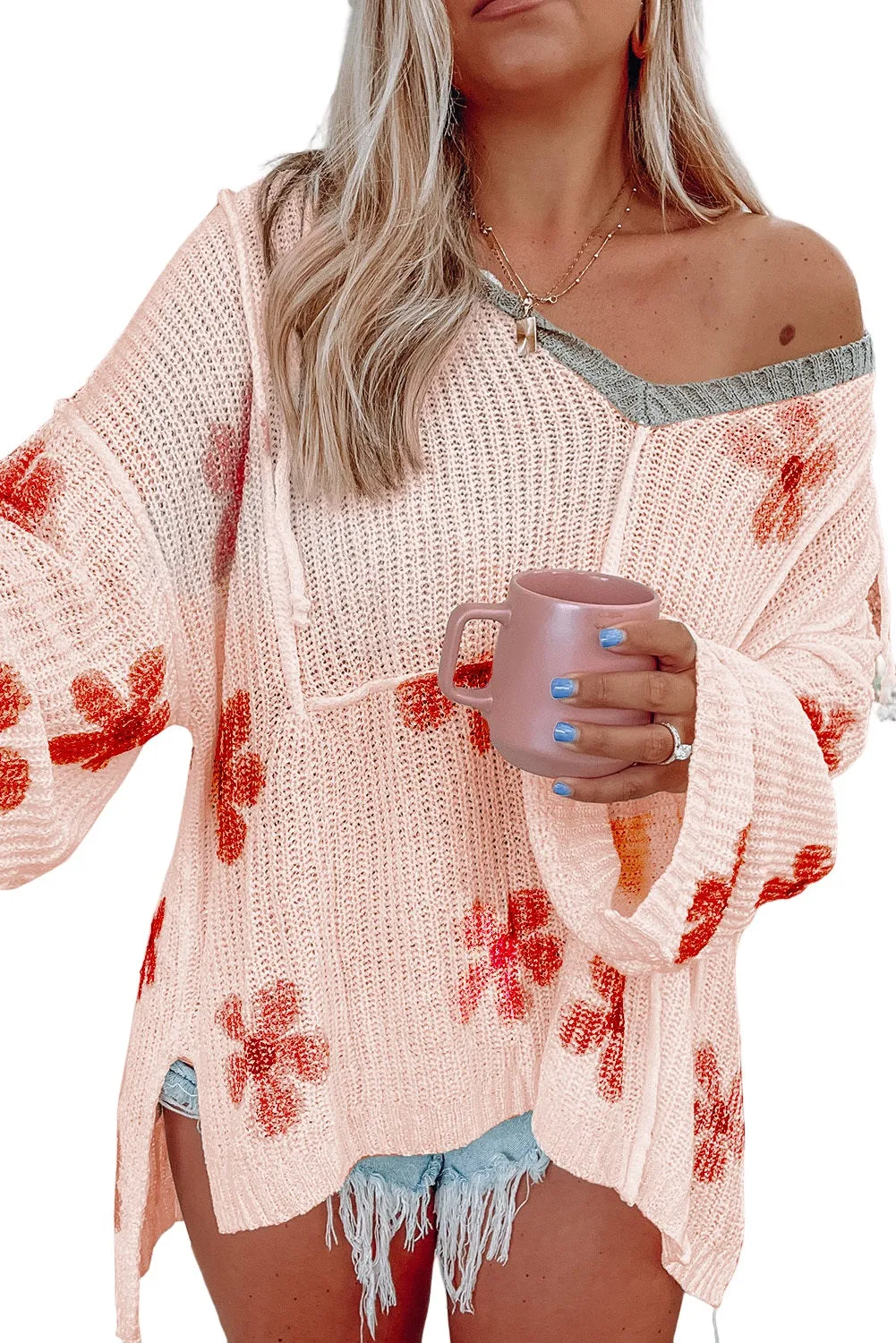Apricot White Floral Print Lightweight Knit Hooded Sweater