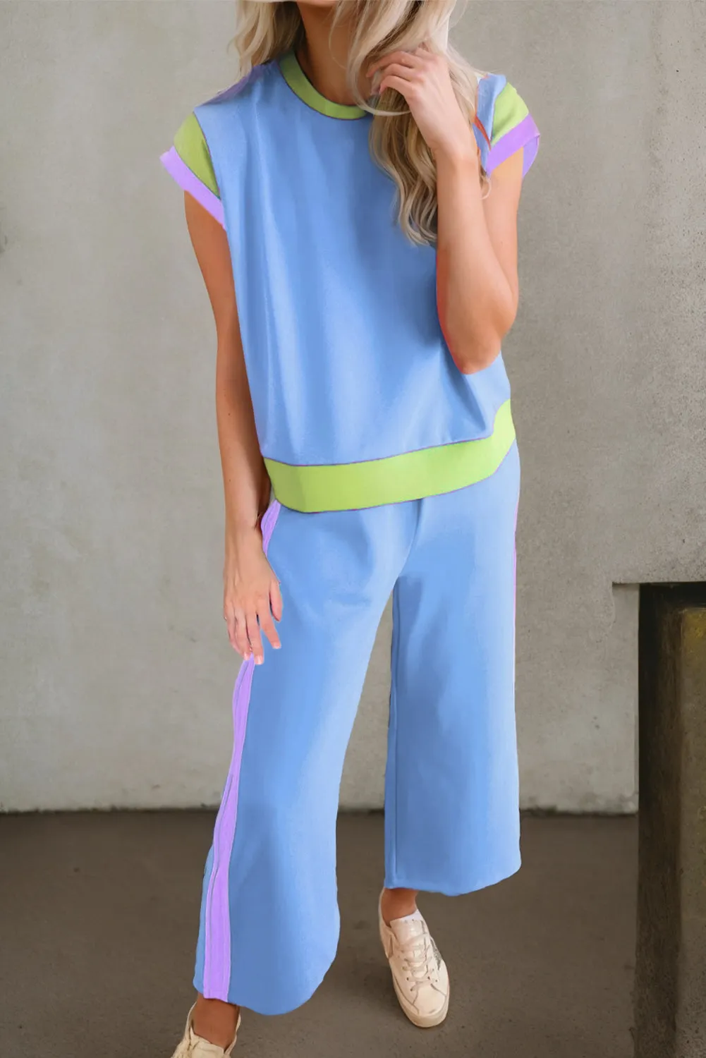 Aubree Contrast Round Neck Top and Pants Set