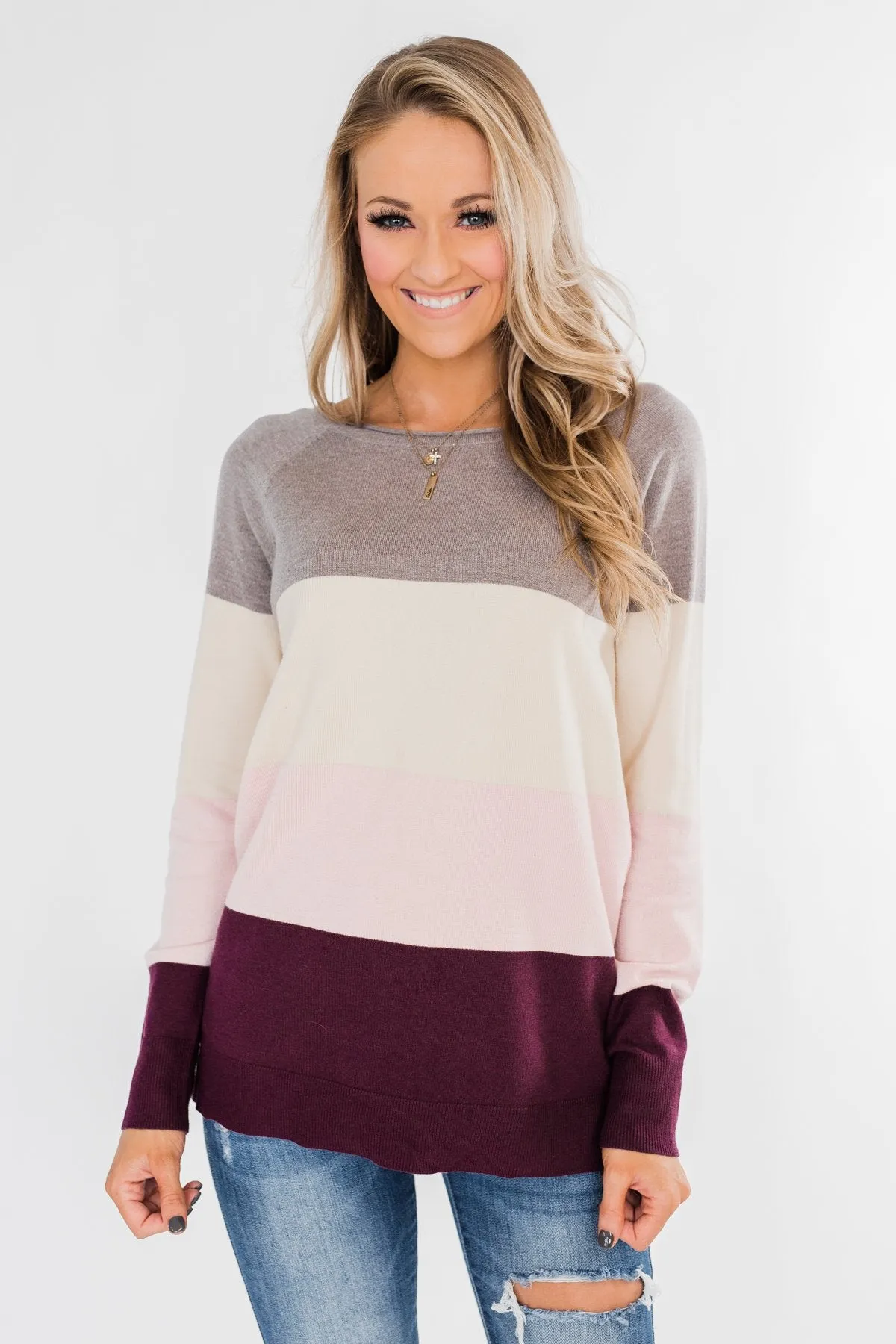 Be Yourself Color Block Sweater- Grey, Cream, & Blush