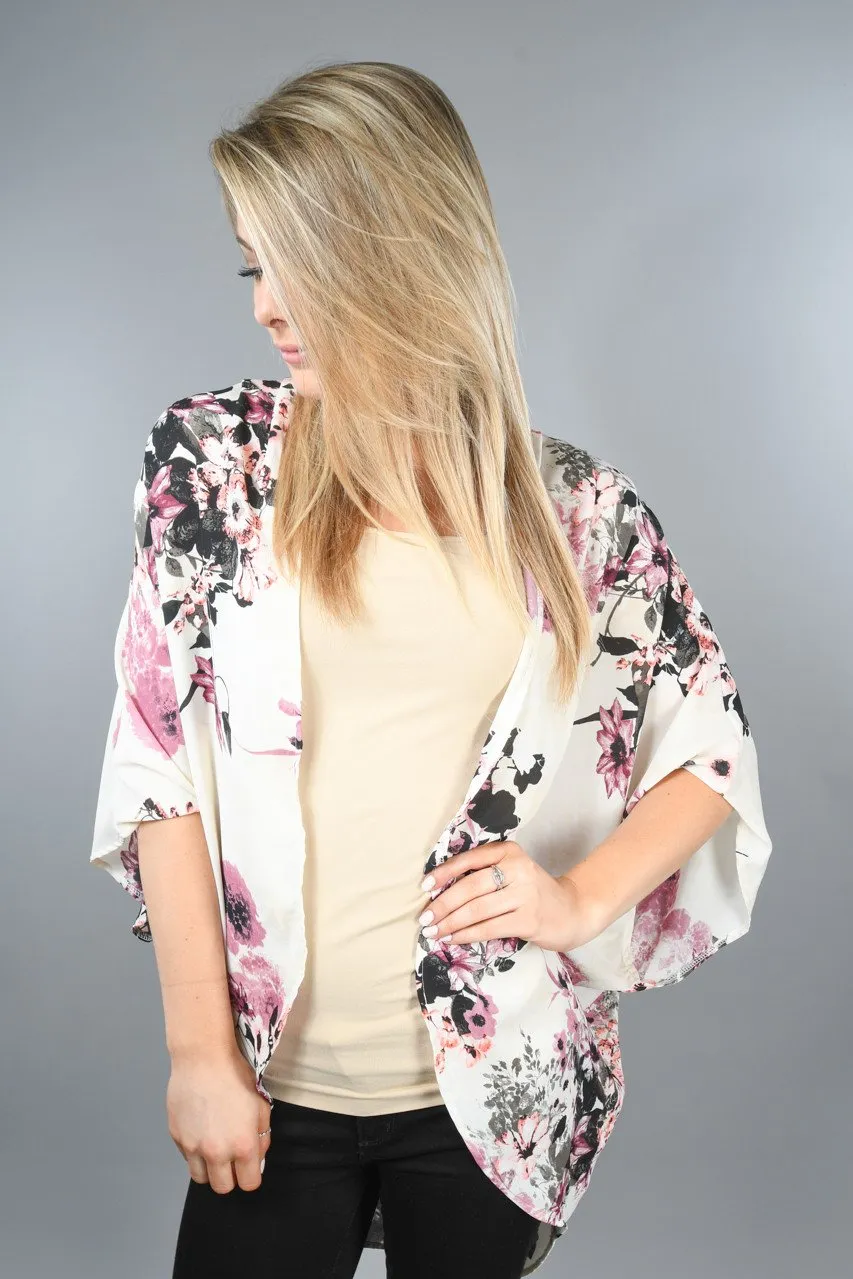 Black and Lilac Floral Kimono