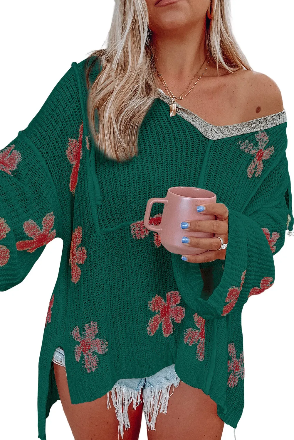 Blackish Green White Floral Print Lightweight Knit Hooded Sweater
