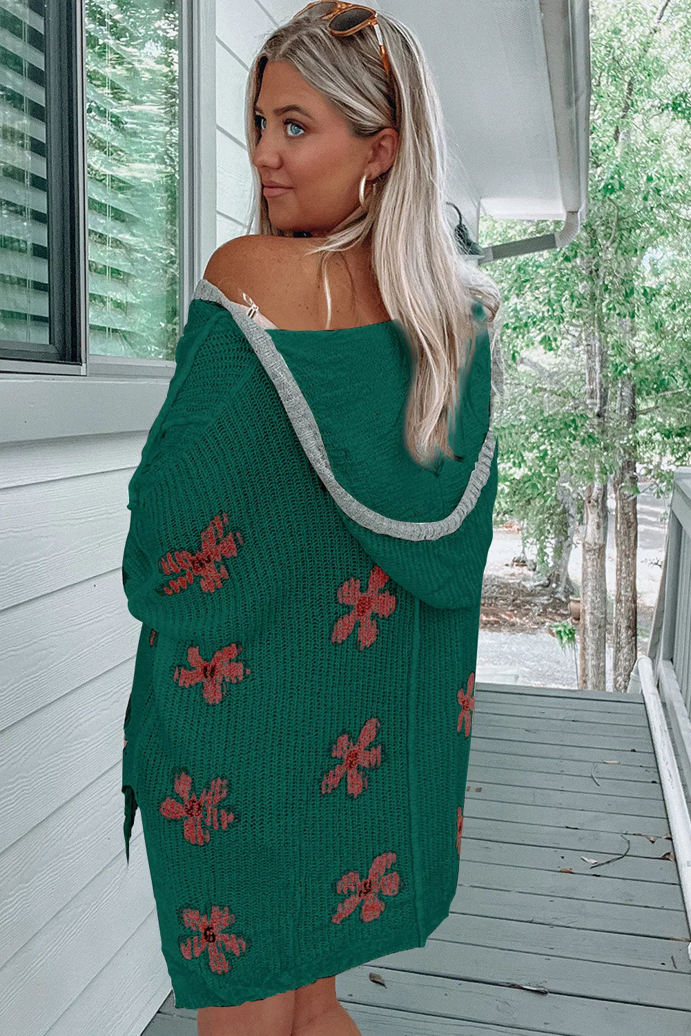 Blackish Green White Floral Print Lightweight Knit Hooded Sweater