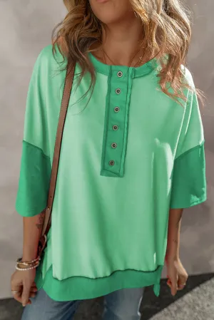 Bright Green Contrast Color Patchwork Half Button T Shirt