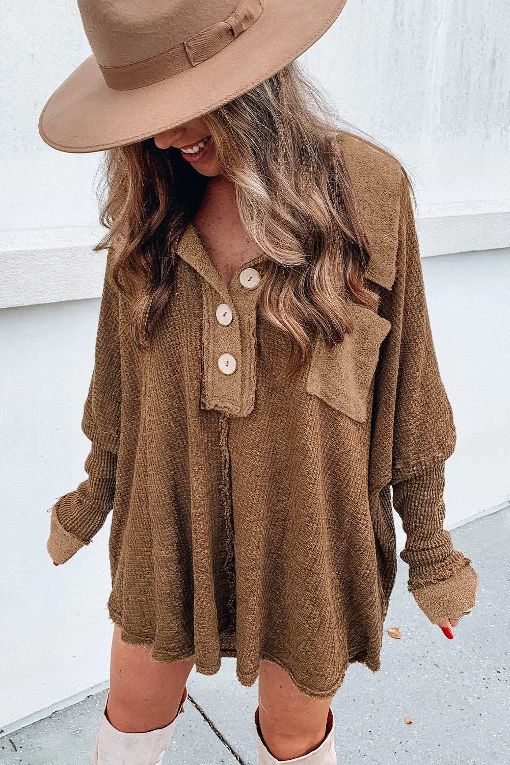 Brown Waffle Knit Buttoned Long Sleeve Top