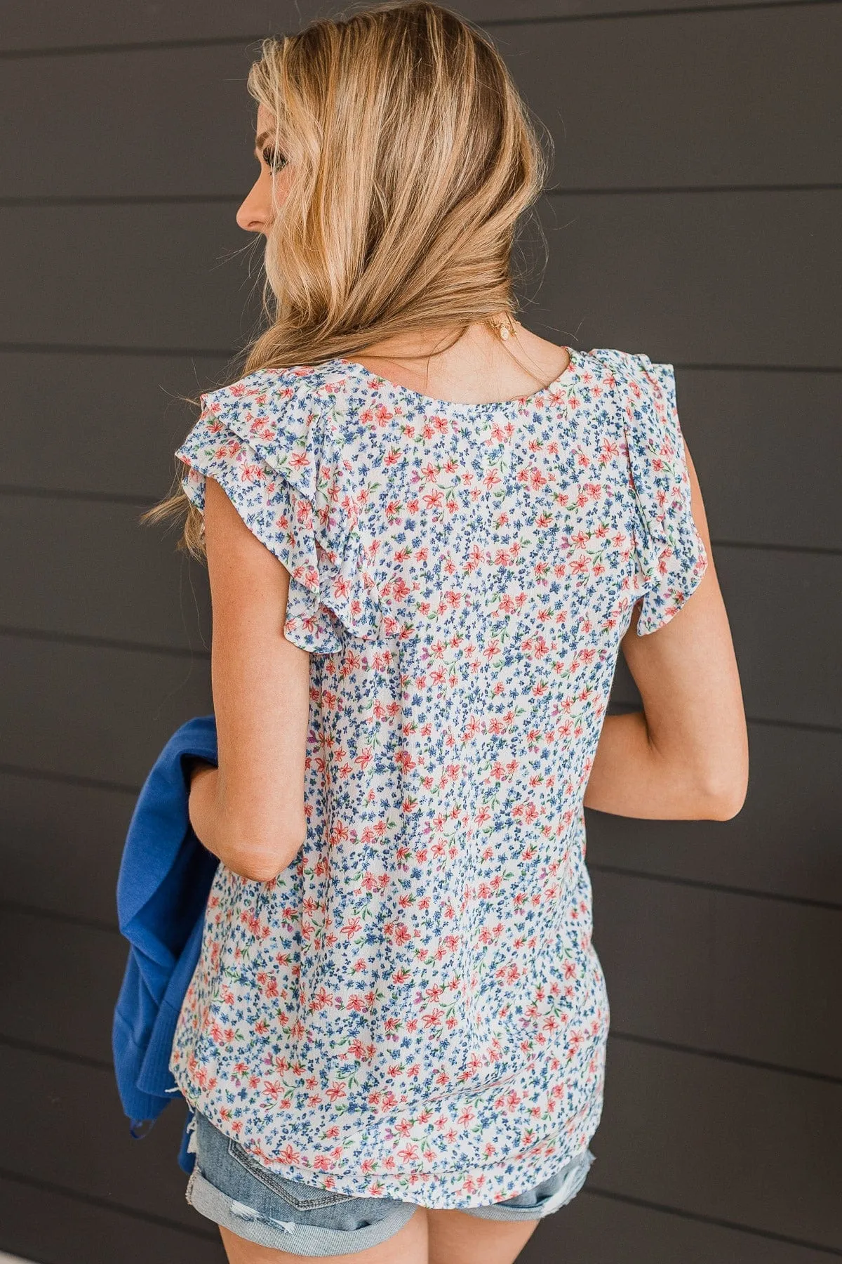 Cherished Forever Floral Top- Ivory & Royal Blue