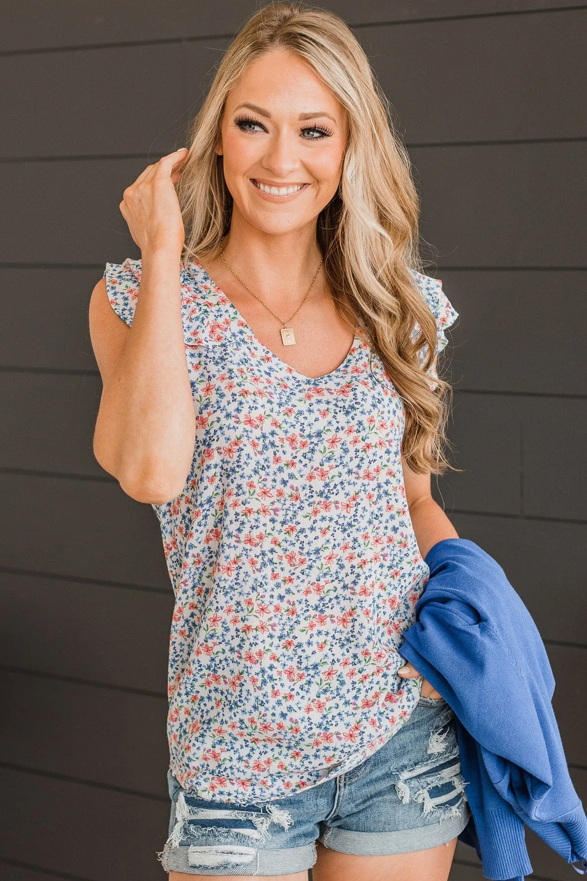 Cherished Forever Floral Top- Ivory & Royal Blue