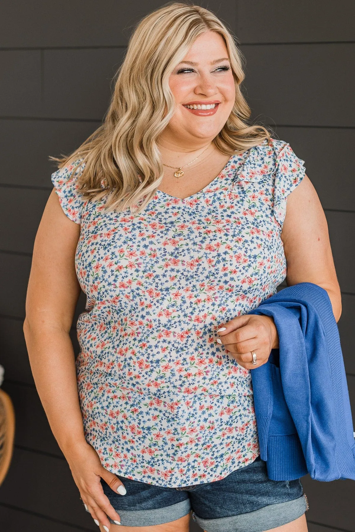 Cherished Forever Floral Top- Ivory & Royal Blue