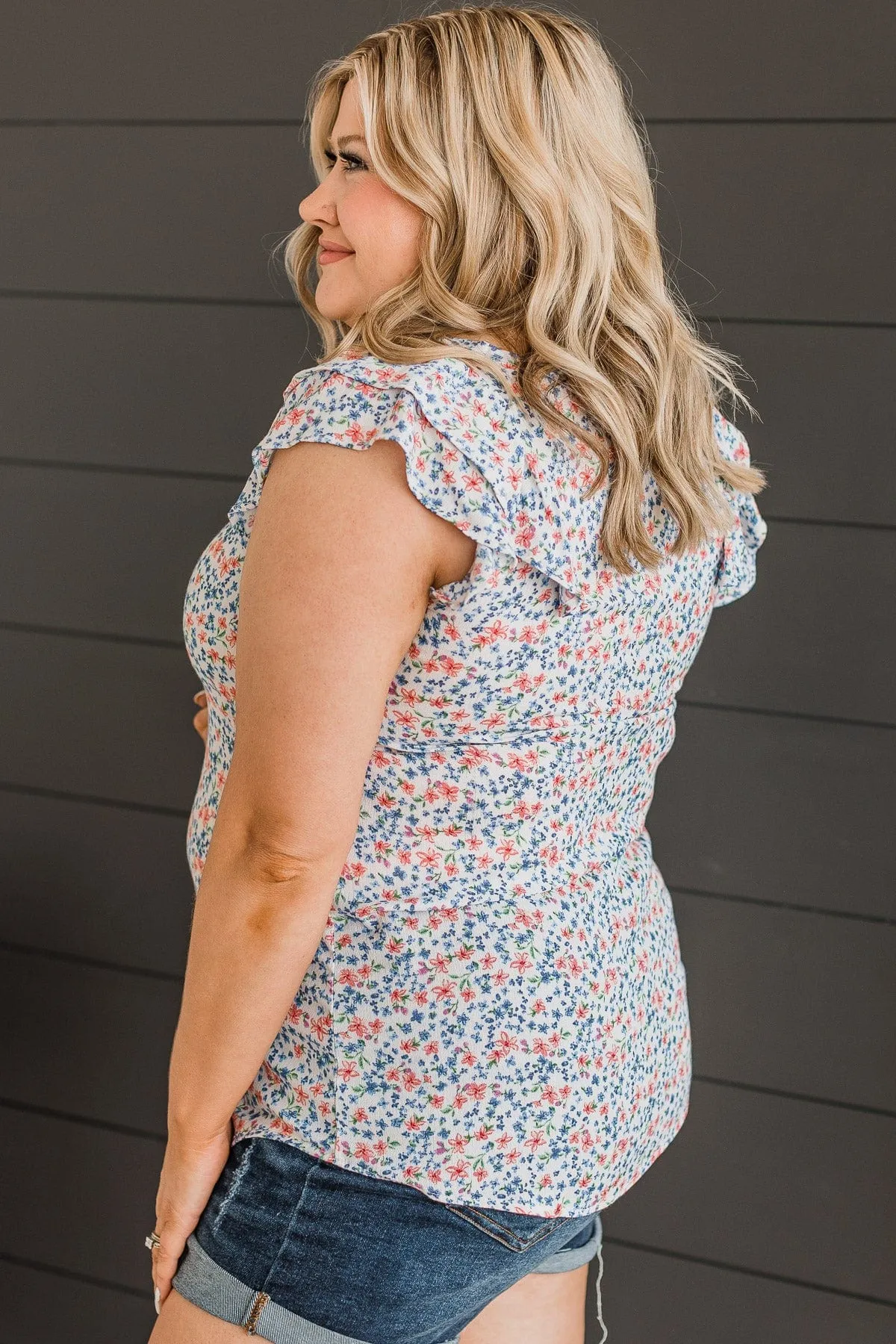 Cherished Forever Floral Top- Ivory & Royal Blue