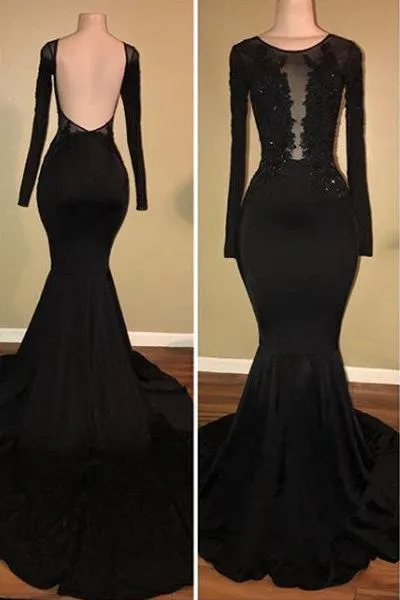 Chic Black Mermaid Prom Party GownsLong Sleeves With Lace Appliques