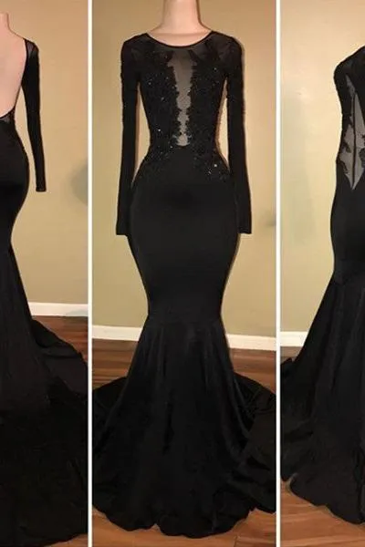 Chic Black Mermaid Prom Party GownsLong Sleeves With Lace Appliques