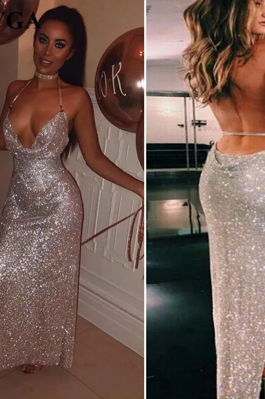 Chic Slit Backless Sparkle Evening Dresses Silver Sequins Halter V-neck Open Back Formal Dress