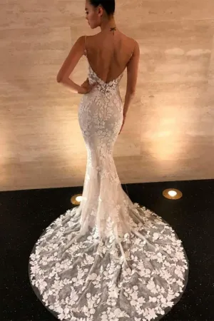 Chic Spaghetti Straps V-neck Lace Prom Dresses|Long Sleevesless Floor Length Evening Gown