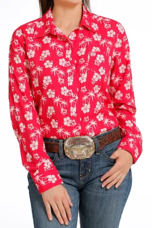 Cinch Ladies Fuchsia Tropical Print Arenaflex Button-Down Blouse