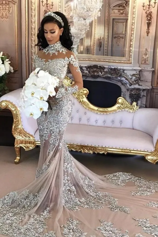 Classic High neck Long Sleevess Mermaid Wedding Dress Silver Tulle Bridal Gowns with Lace Appliques