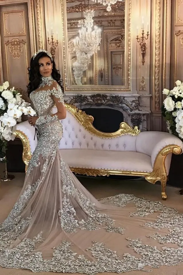 Classic High neck Long Sleevess Mermaid Wedding Dress Silver Tulle Bridal Gowns with Lace Appliques
