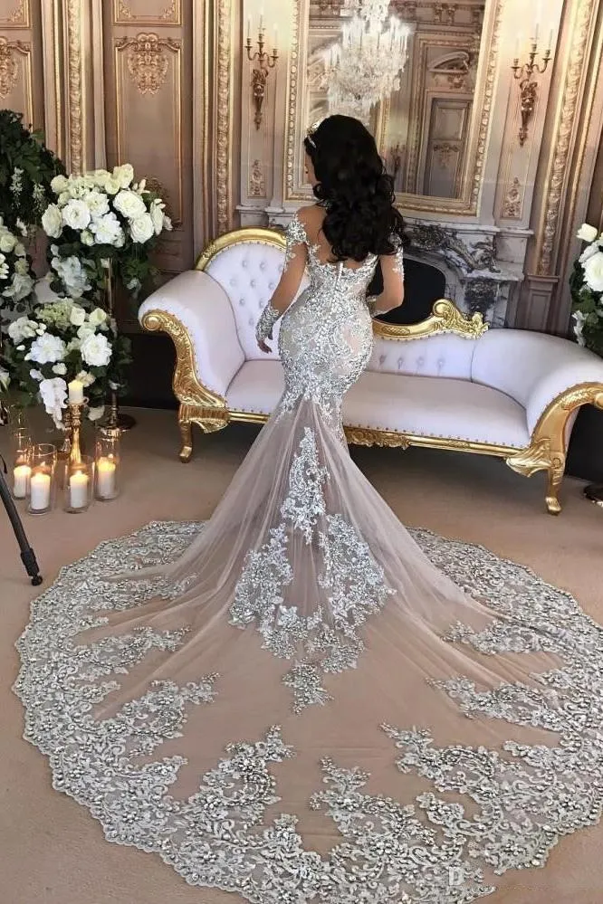 Classic High neck Long Sleevess Mermaid Wedding Dress Silver Tulle Bridal Gowns with Lace Appliques