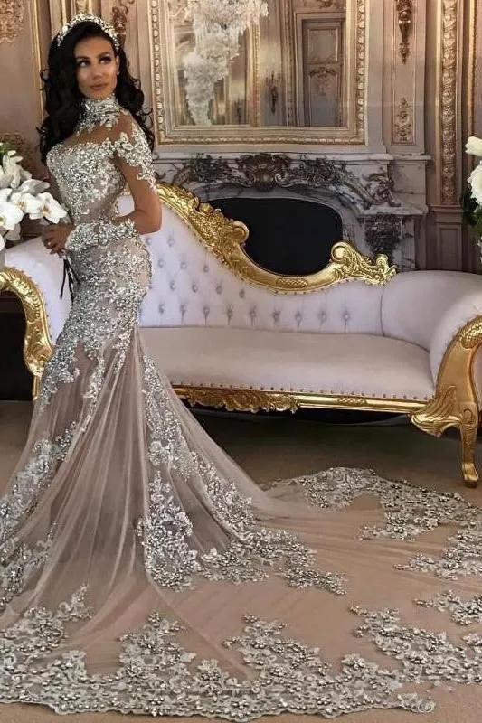 Classic High neck Long Sleevess Mermaid Wedding Dress Silver Tulle Bridal Gowns with Lace Appliques