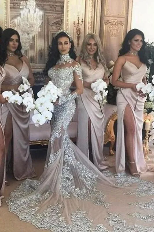 Classic High neck Long Sleevess Mermaid Wedding Dress Silver Tulle Bridal Gowns with Lace Appliques
