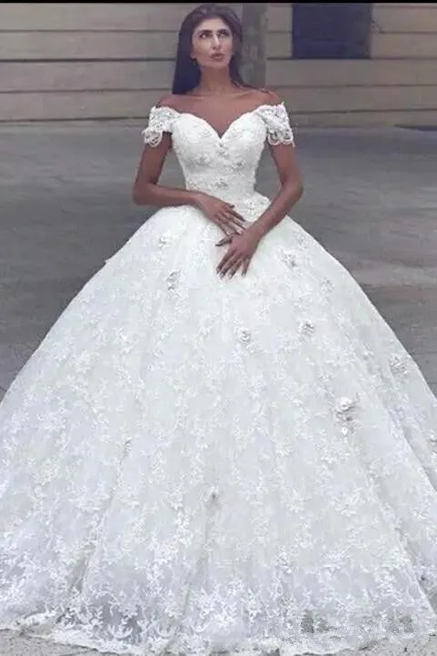 Classic Lace Off the shoulder White Lace Ball Gown Wedding Dress