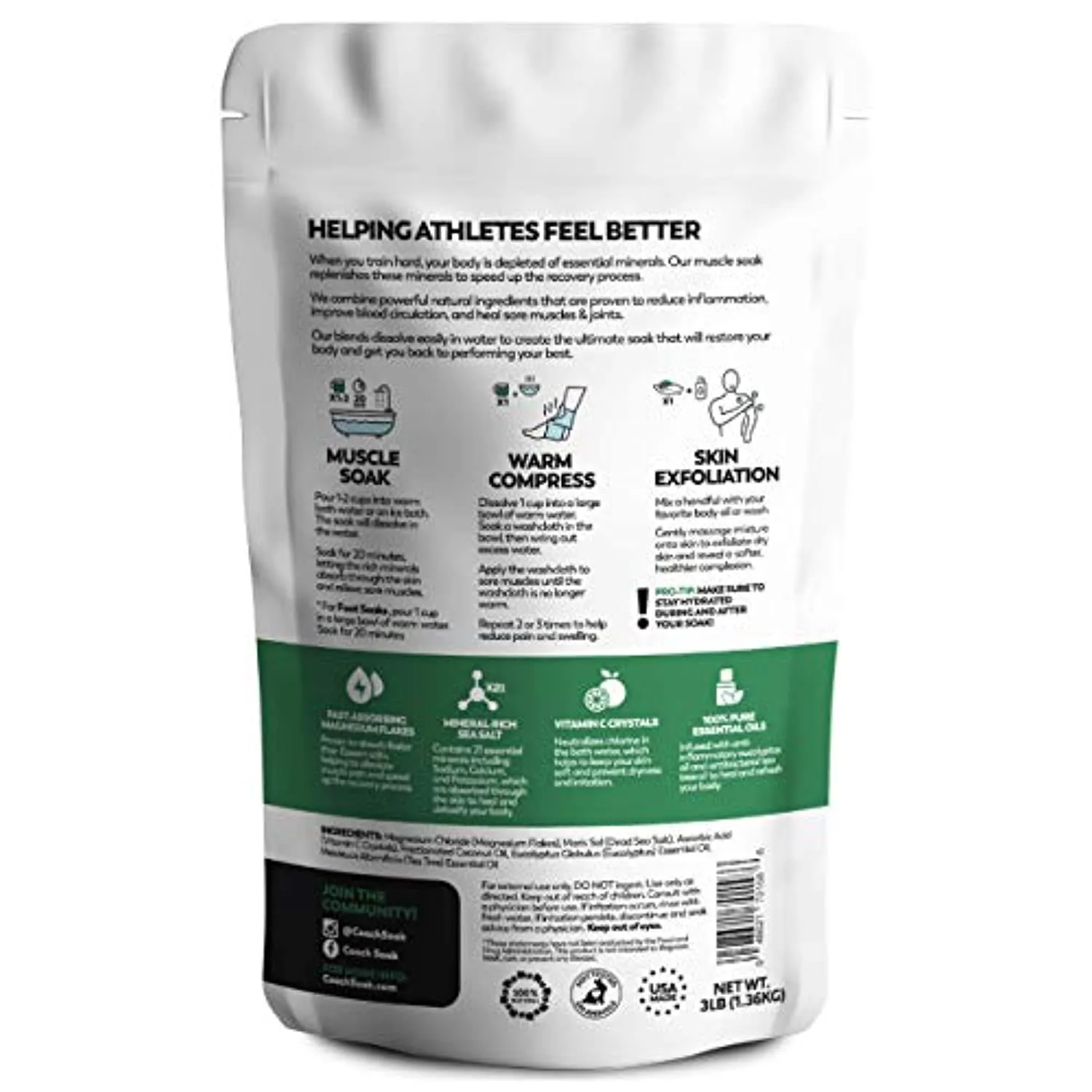 Coach Soak: Muscle Recovery Bath Soak - Natural Magnesium Muscle Relief & Joint Soother - 21 Minerals, Essential Oils & Dead Sea Salt - Absorbs Faster Than Epsom Salt for Soaking (Eucalyptus Tea Tree)