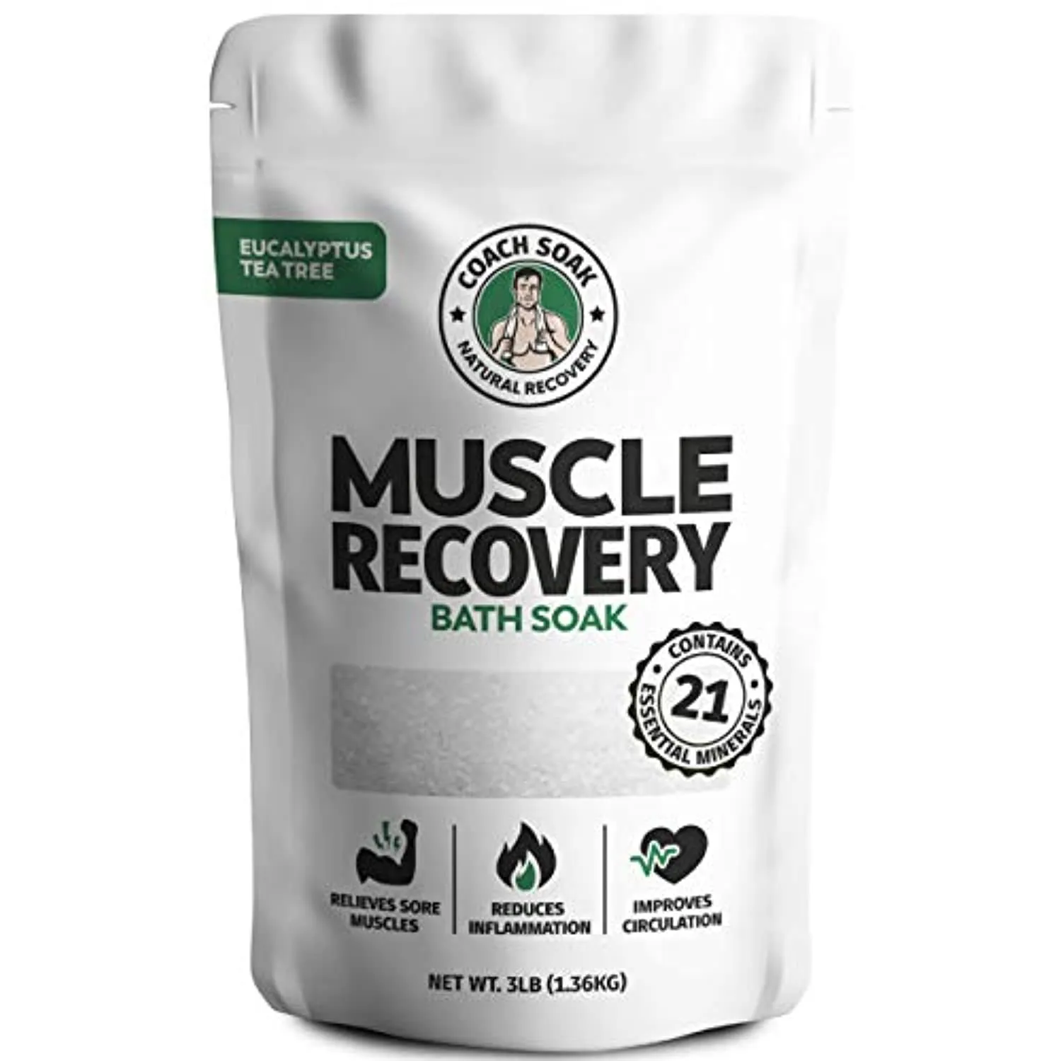 Coach Soak: Muscle Recovery Bath Soak - Natural Magnesium Muscle Relief & Joint Soother - 21 Minerals, Essential Oils & Dead Sea Salt - Absorbs Faster Than Epsom Salt for Soaking (Eucalyptus Tea Tree)