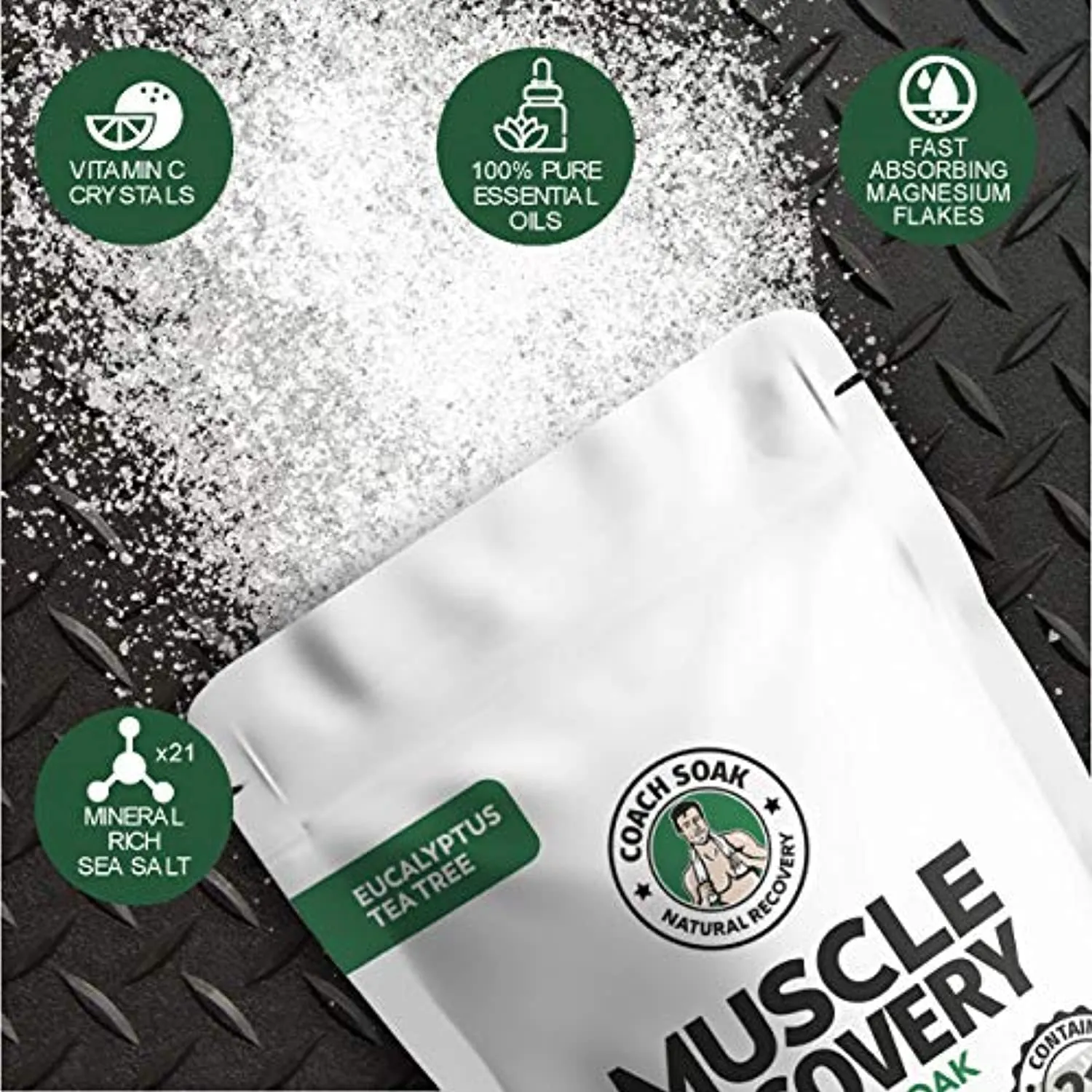 Coach Soak: Muscle Recovery Bath Soak - Natural Magnesium Muscle Relief & Joint Soother - 21 Minerals, Essential Oils & Dead Sea Salt - Absorbs Faster Than Epsom Salt for Soaking (Eucalyptus Tea Tree)