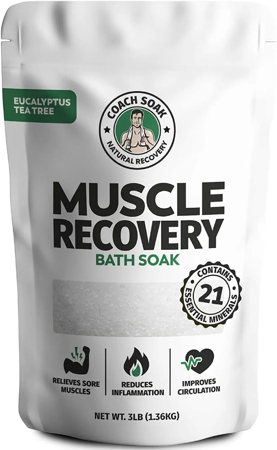 Coach Soak: Muscle Recovery Bath Soak - Natural Magnesium Muscle Relief & Joint Soother - 21 Minerals, Essential Oils & Dead Sea Salt - Absorbs Faster Than Epsom Salt for Soaking (Eucalyptus Tea Tree)