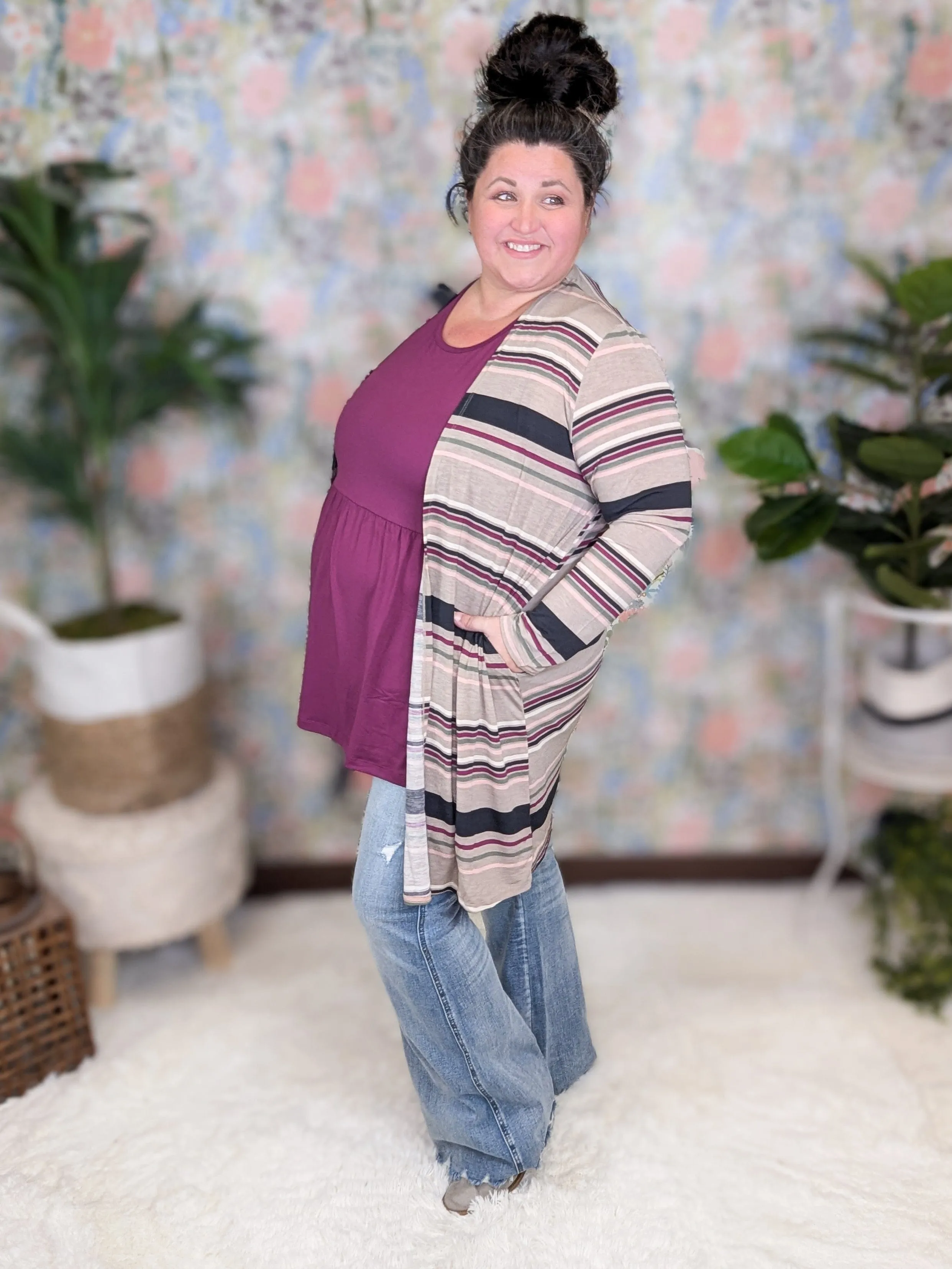 Colleen Taupe Stripe Open Cardigan w/Pockets
