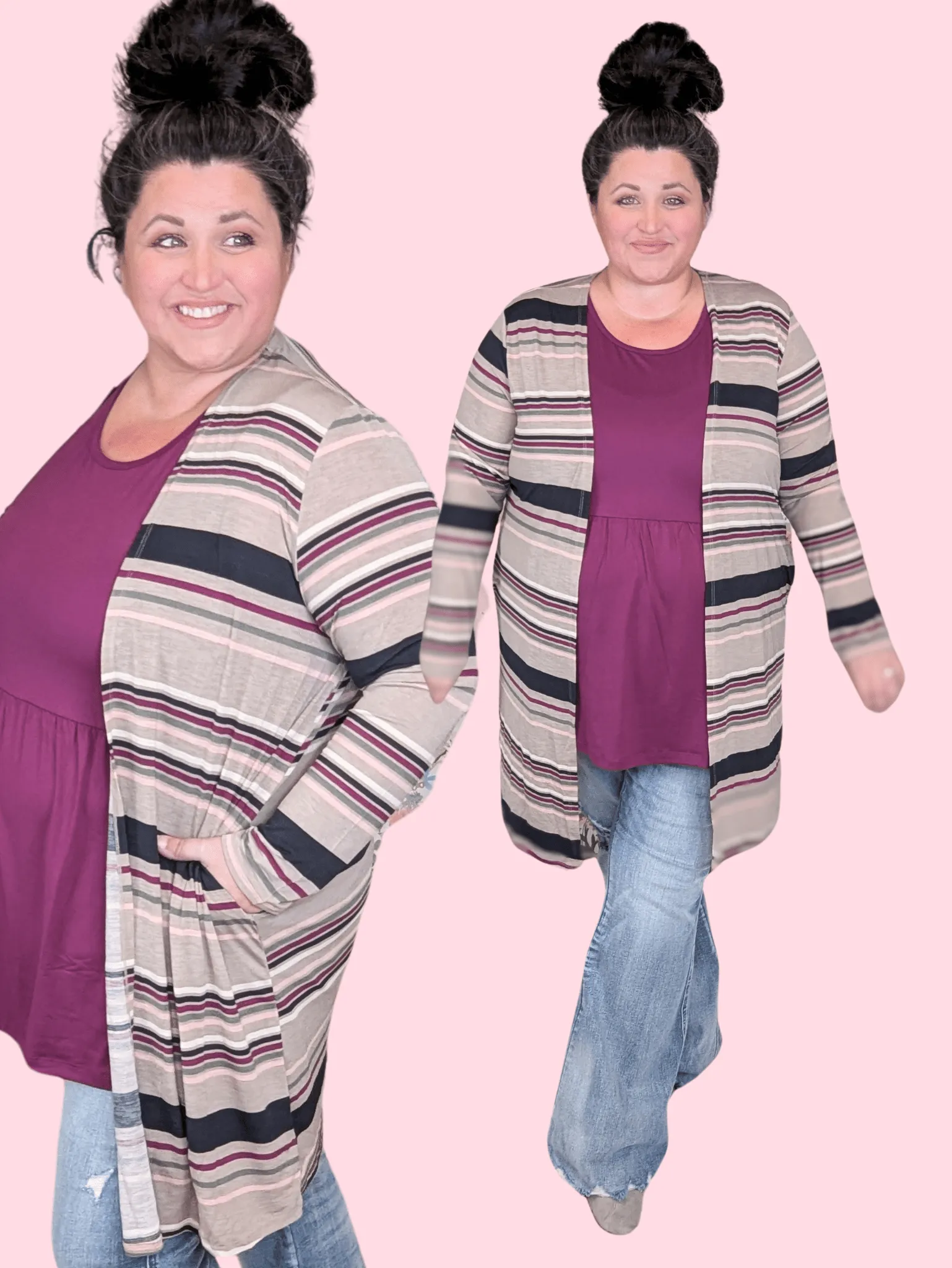 Colleen Taupe Stripe Open Cardigan w/Pockets