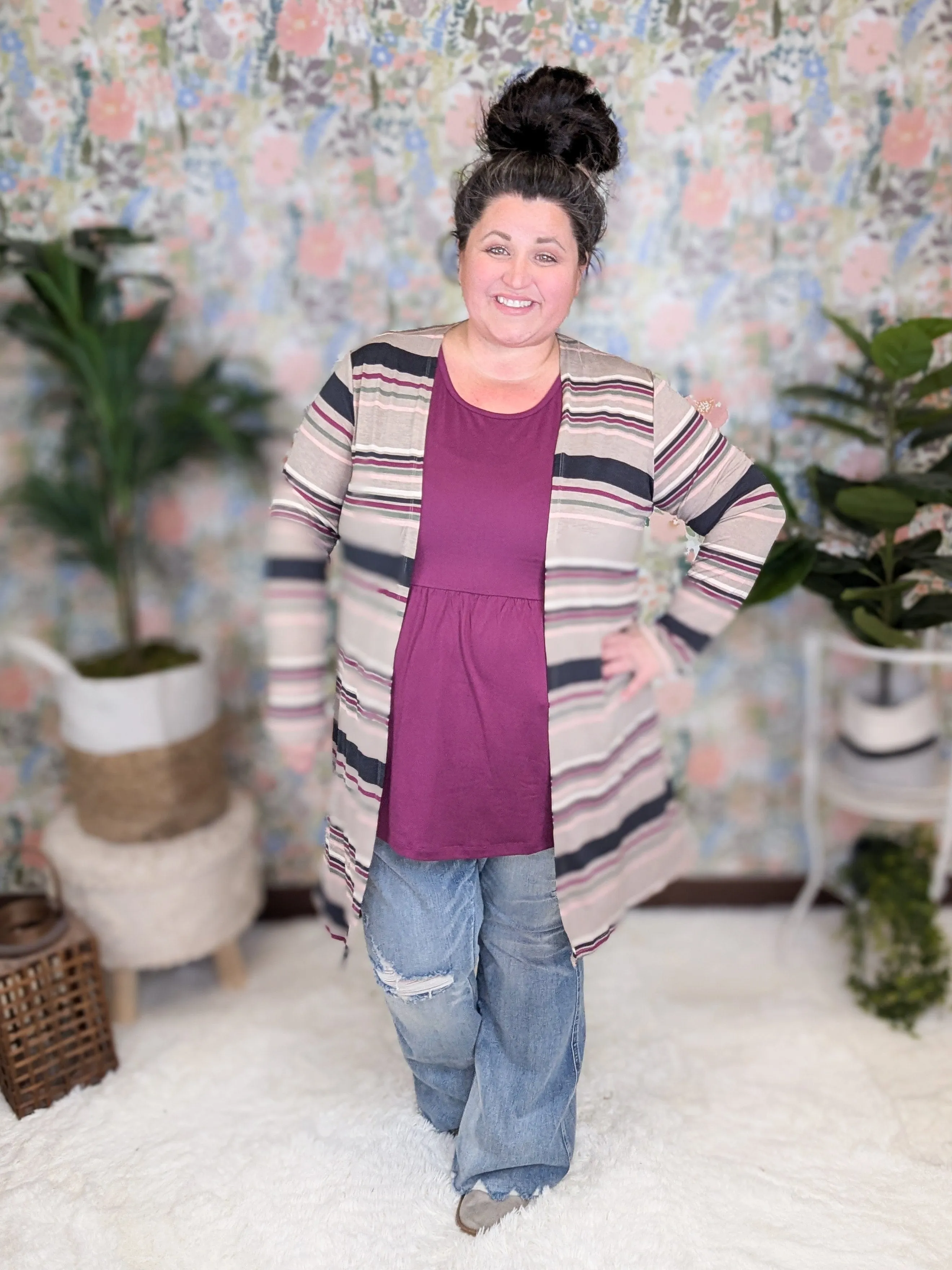 Colleen Taupe Stripe Open Cardigan w/Pockets