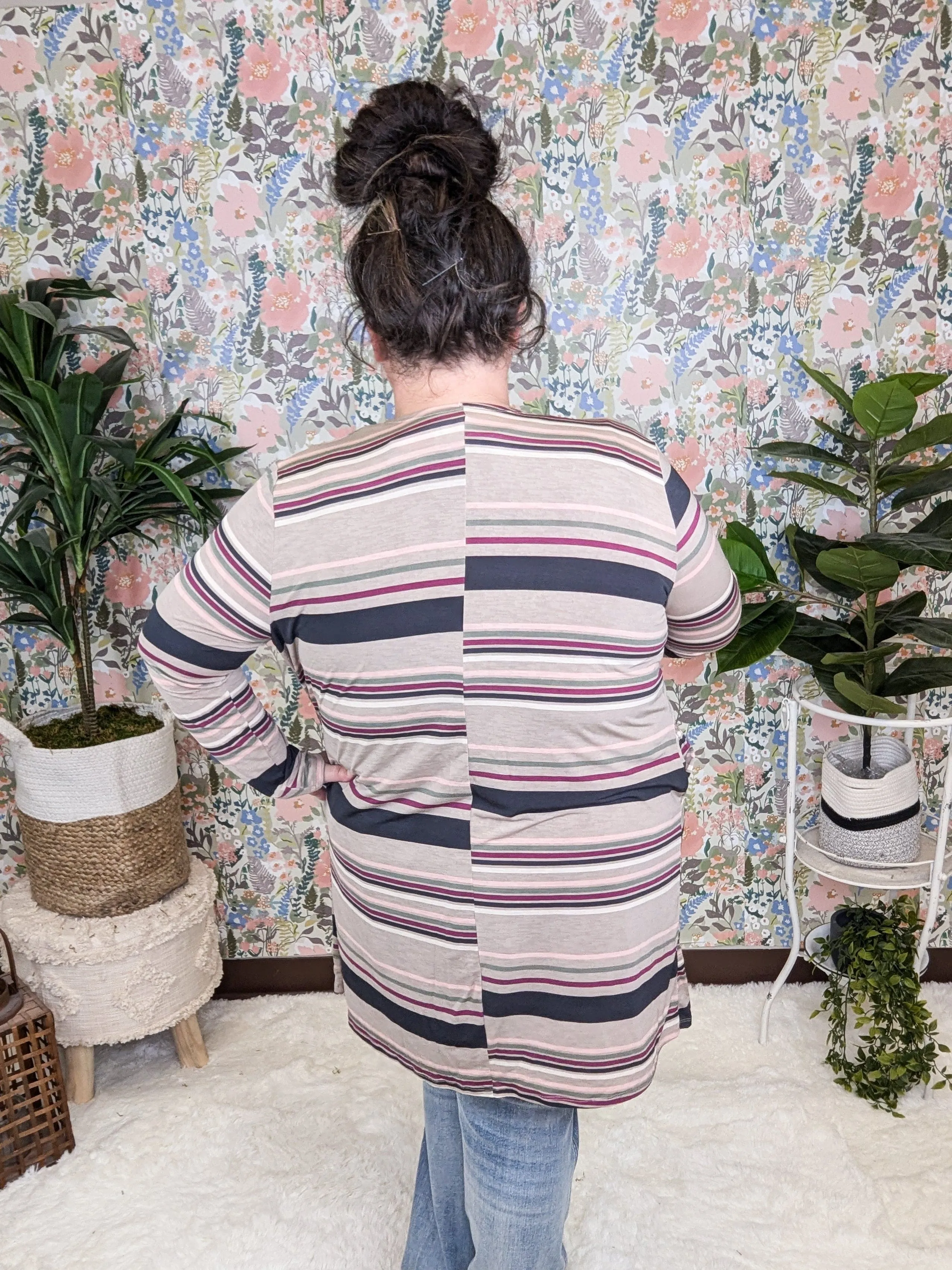 Colleen Taupe Stripe Open Cardigan w/Pockets