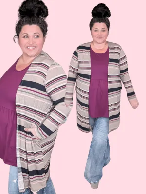 Colleen Taupe Stripe Open Cardigan w/Pockets