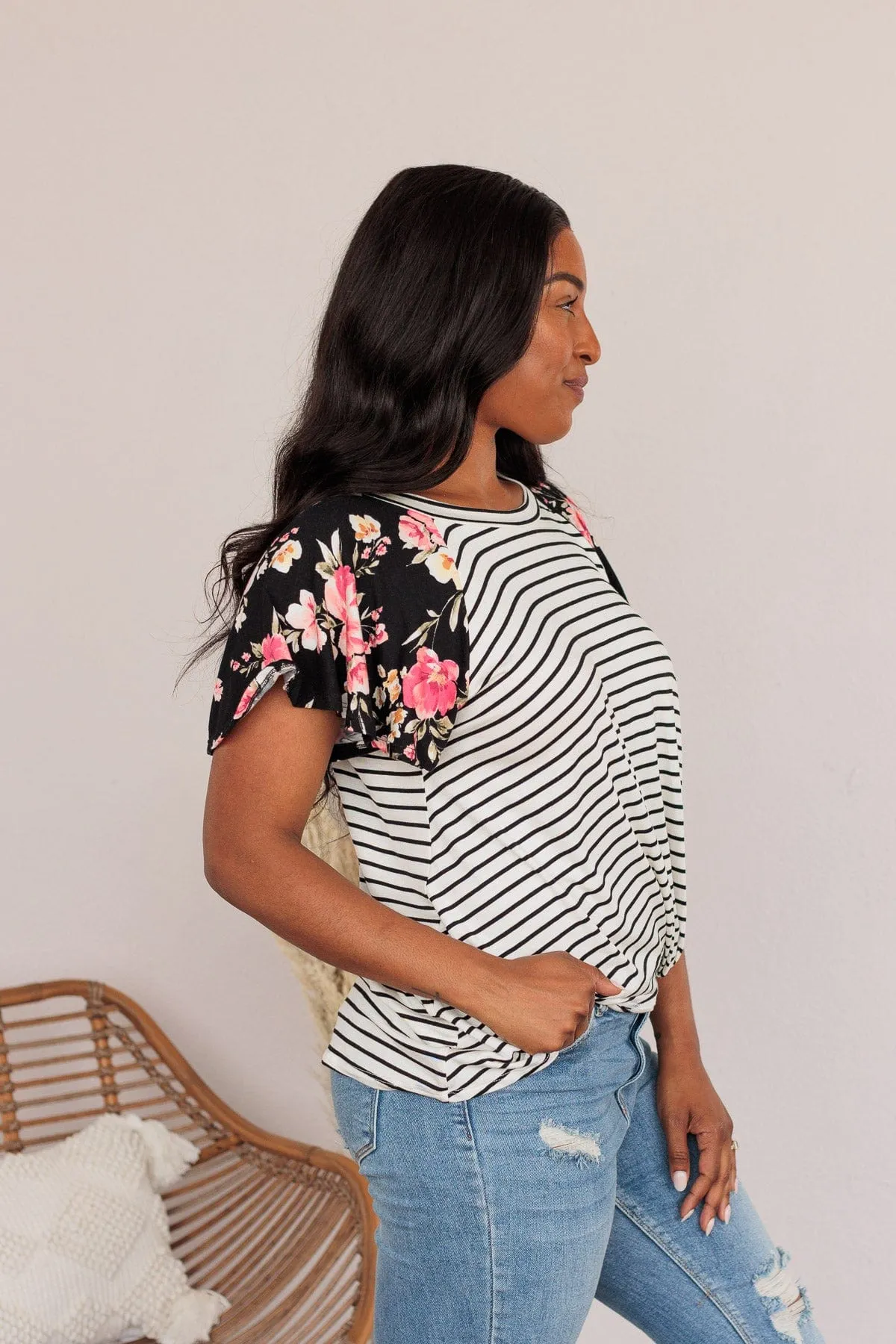 Complete The Look Striped Floral Top- Black