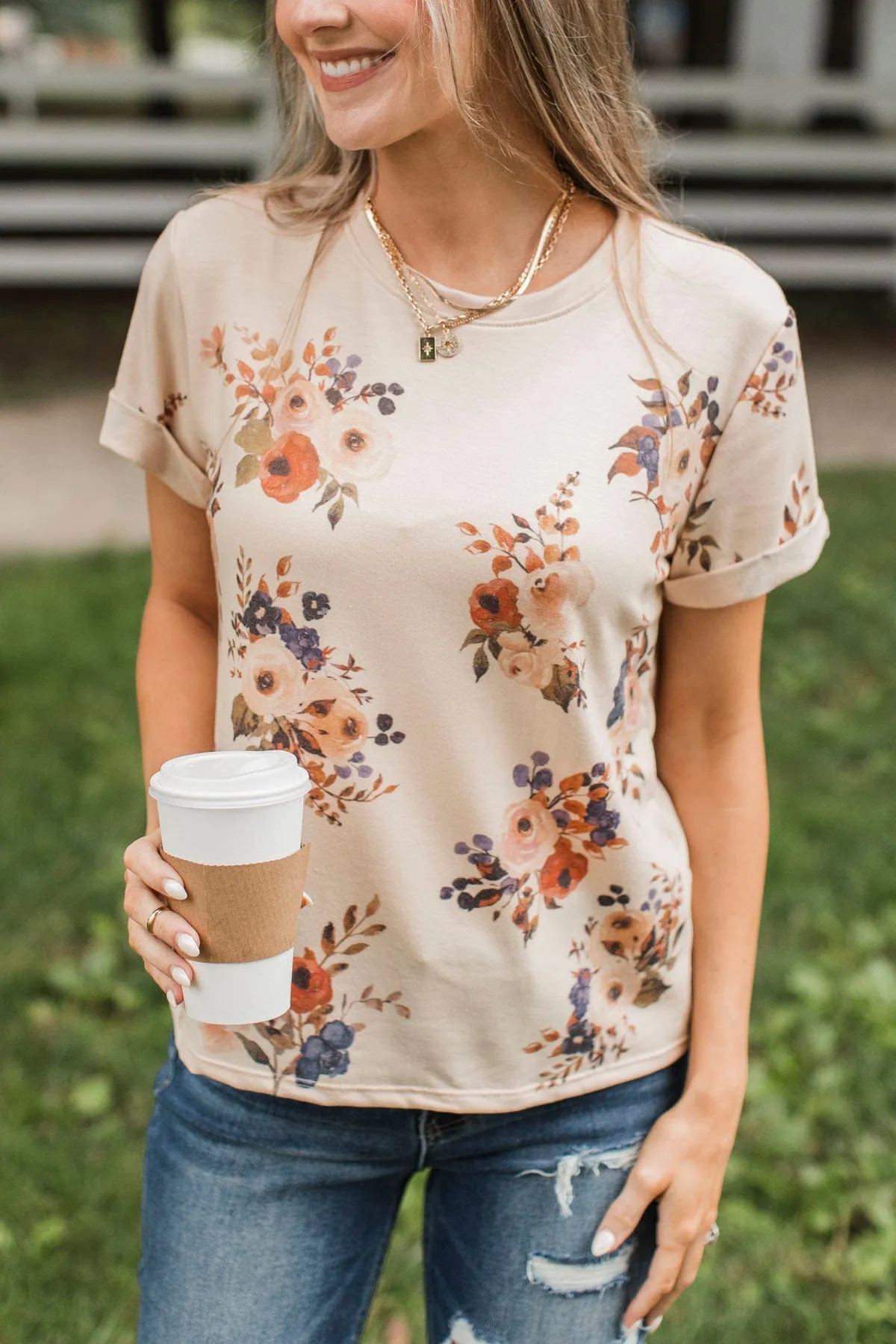 Confident Approach Floral Top- Tan & Rust