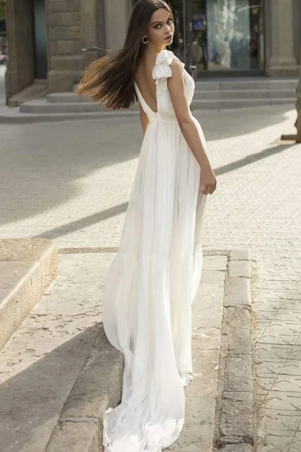 Deep V Neck Cap Sleeves White Wedding Reception Dress Aline Maxi Dress
