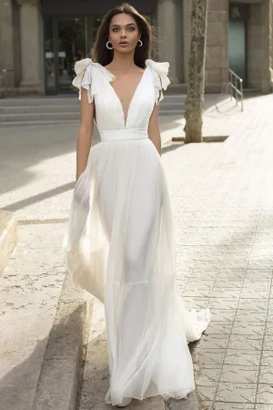 Deep V Neck Cap Sleeves White Wedding Reception Dress Aline Maxi Dress
