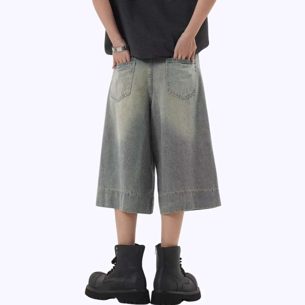 Distressed Whiskered Denim Shorts