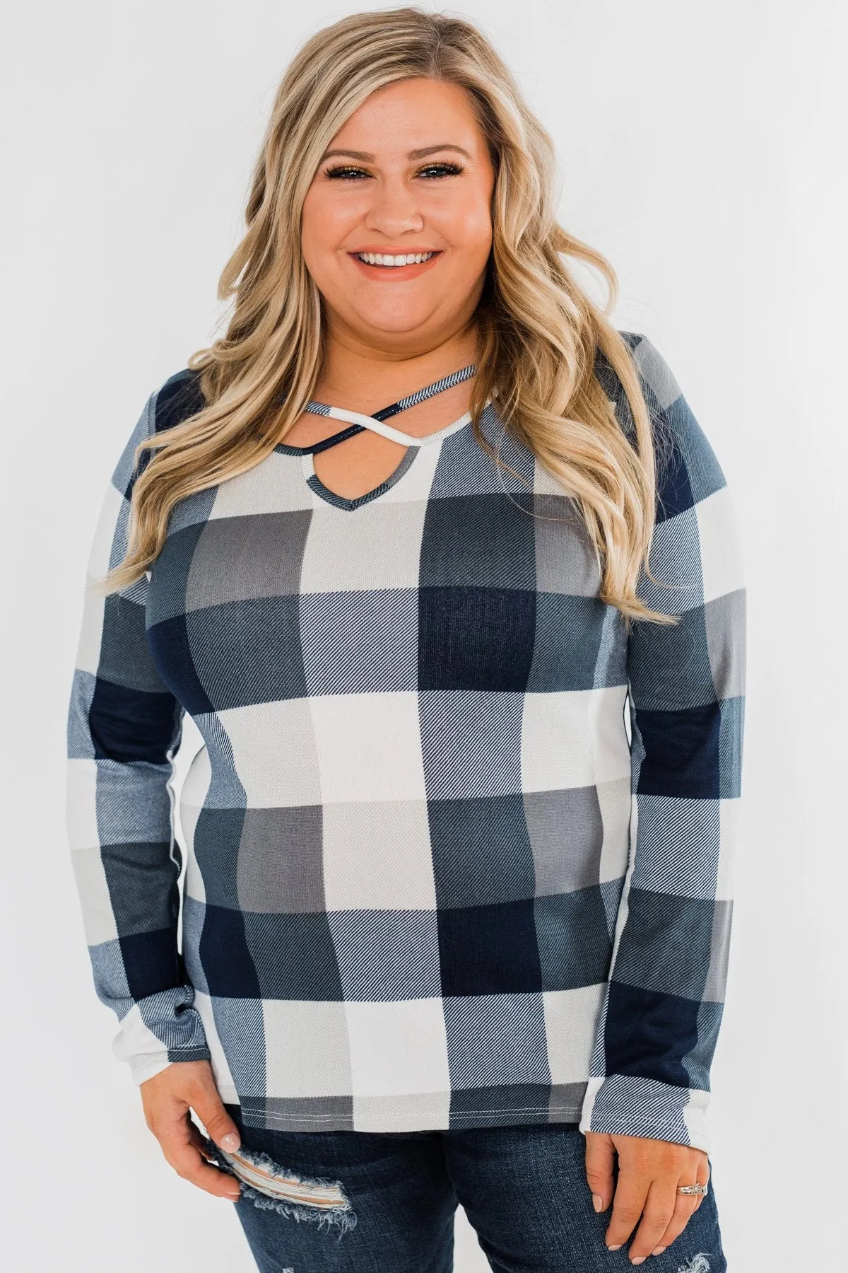 Dreaming About You Plaid Top- Navy & Ivory